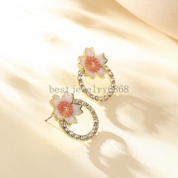 Boucles d'oreilles de goujon à fleurs rondes brillantes de fleur de cerise rose pour femmes cadeaux de bijoux de mariage coréen doré