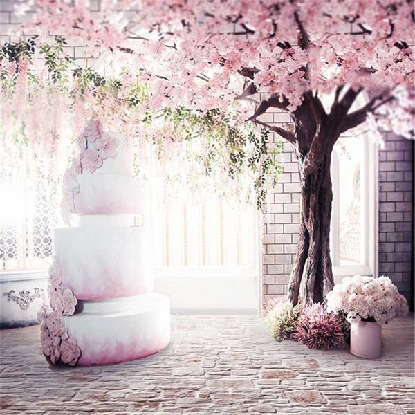 Pink Cherry Blossoms Tree Indoor Romantic Wedding Photo Telones de fondo Bright Window 4 Layers Cake Studio Fotografía Booth Fondo Vinilo