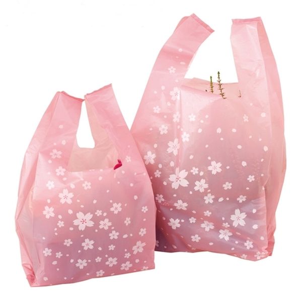 Bolsa de compras de cereza rosa, bolsa de chaleco, bolsa de plástico de regalos con asa para bolsa de transporte Envoltorios de galletas 100 unids / lote 210724
