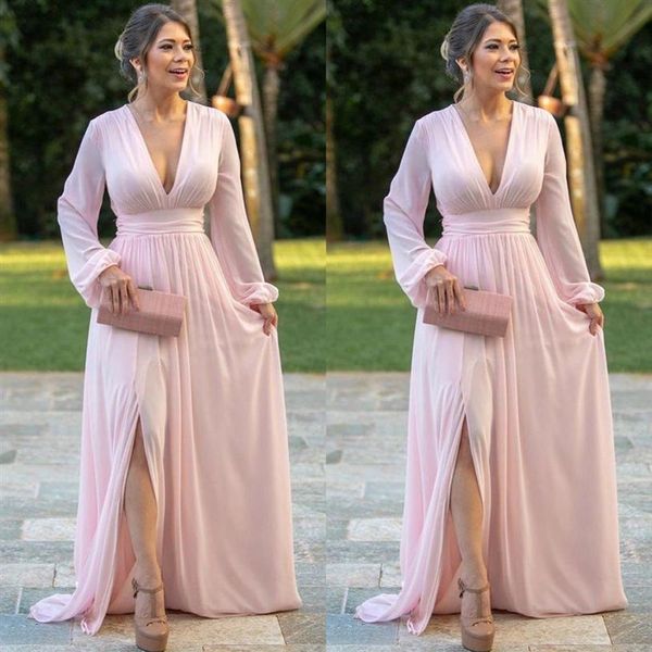 Robes de soirée en mousseline de soie rose col en V profond manches longues robe de bal côté fendu une ligne robes de soirée de mariée239F