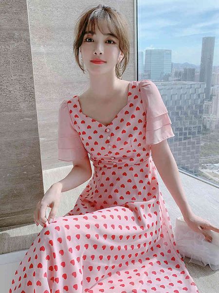 Rose en mousseline de soie motif coeur été col en v manches évasées impression robe mi-longue taille haute décontracté vacances une ligne robe 210514