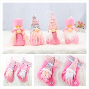 Roze Kerstmis Kous Faceless Doll Flanel Christmas Hanging Decoratieve Kous 4 Stks / Set Roze Faceless Doll Decoration