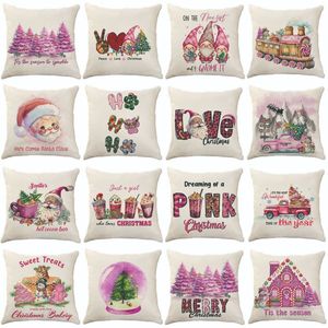 Roze Kerst Sierkussenslopen Kerstboom Sneeuwvlok Vlas Kussenslopen 18 x 18 Inch Kussenhoes Kerst Kussensloop voor Slaapbank