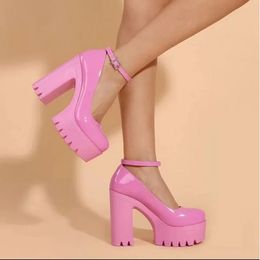 Roze dikke hakken enkelbandpompen Sweet platform vierkante hak woman hakken pumps platform schoenen lente vrouw schoenen 240418