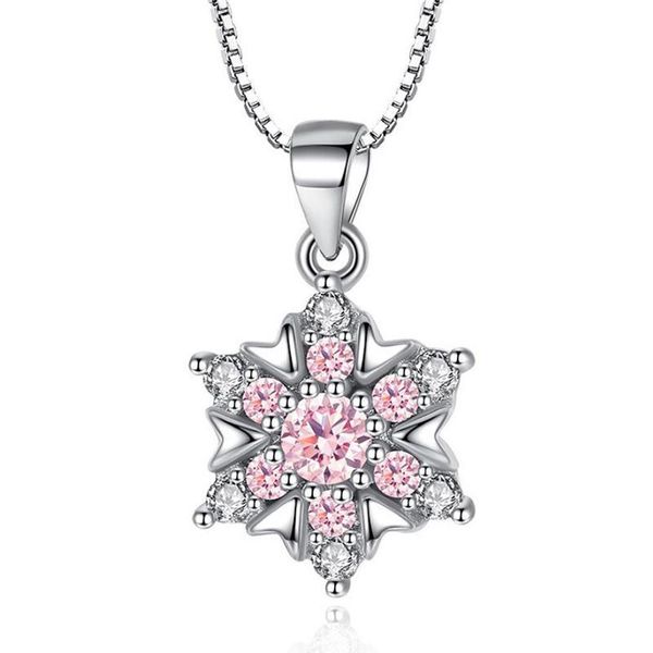 Colliers avec pendentif flocon de neige en cristal de zircone rose clair, chaîne de couleur argent, ras du cou, bijoux de fête pour femmes, bijoux femme