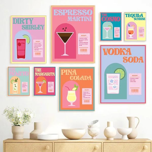 Póster De Dibujos Animados De Cóctel Rosa Nórdico Espresso Spritz Frutas Jugo Vino Bebidas Lienzo Pintura Arte Imágenes De Pared Para Cocina Bar Club Comedor Decoración Sin Marco Wo6