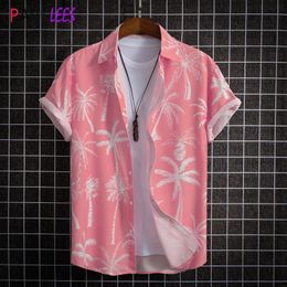 Rosa estampado de cocotero para hombre hawaiano de manga corta de secado rápido camisa tropical Aloha fiesta casual vacaciones ropa de playa 240302