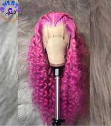 Roze kleur 180 DENSITY HD Transparant kanten voorste pruik kinky krullende kant frontale mensenpruiken voor vrouwen synthetisch2387536