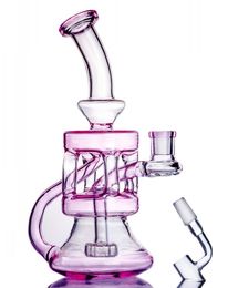 Color rosa Bongs de vidrio Reciclador Hookah Bubbler Tubería de agua azul Concentrado Plataformas petroleras con accesorio para fumar Banger conjunto de 14 mm