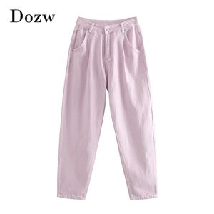 Roze kleur hoge taille harem broek dame geplooid casual losse broek vaste volledige lengte denim jeans vrouwelijke pantalon 210515