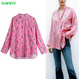 Roze Contrast Print Dames Shirt Zomer Casual Oversized Button Up Shirts Vrouw Lange Mouw Asymmetrische Hemzakken Tops 210430