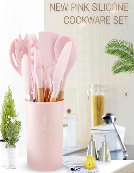 Ensemble d'outils de cuisine rose ensemble d'ustensiles en Silicone de qualité supérieure pinces tournantes spatule cuillère à soupe pelle antiadhésive brosse à huile outil de cuisine C09271663535