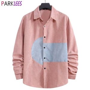 Chemise en velours côtelé rose hommes mode contraste design velours chemise hommes décontracté chaud qualité chemise mâle patchwork mode chemise 210522