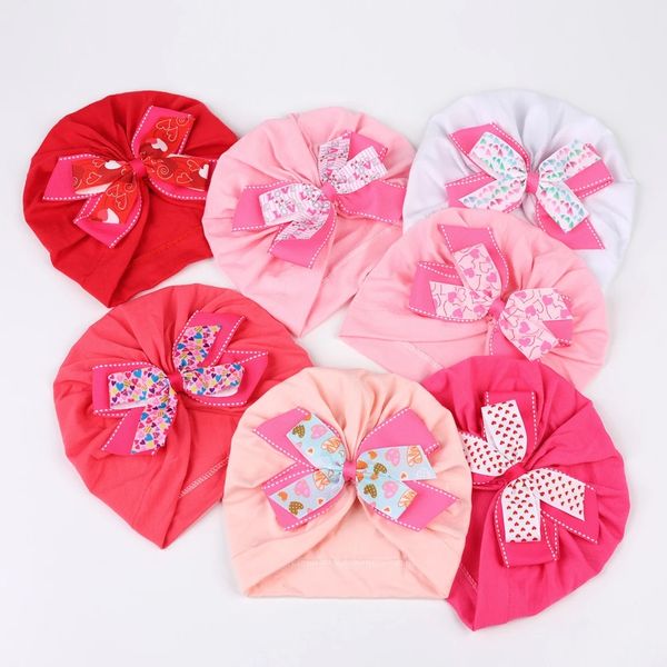 Bonnet en coton rose Love Print Ribbon Bow Bébés filles Headwrap Cap Newborn Warm Turban Hat Large Bowknot Fabric Bonnet Toddler