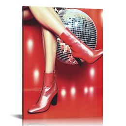 Pink Cowboy Boots Wall Art Cute Cartoon Music Posters Poker Aesthetics Posters Retro Disco Ball Girl Wall Paintings Dormitory Apartment Canvas