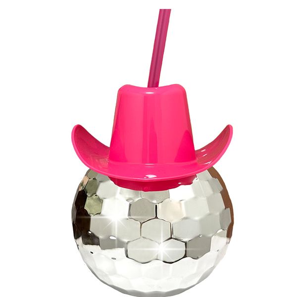 Chapeau de Cowboy rose, tasse boule avec paille, miroir galvanisé Oz, tasses de boisson de fête Disco, verres à vin, vente en gros