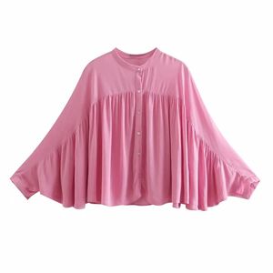 Pink Cropped Femmes Shirt Chemise Spring Fashion Long Batwing Sleeve Simple Poignée Casual Chrate Bouton Ruché Top 210521
