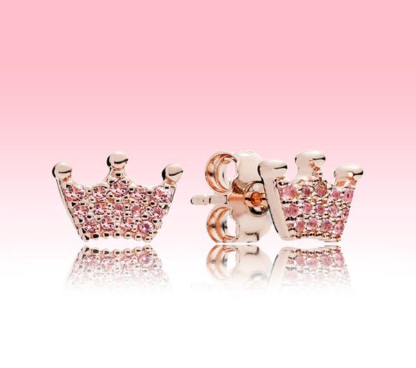 Boucles d'oreilles de pote de couronne rose petites femmes mignonnes bijoux d'été boucles d'oreille en or rose avec boîte d'origine pour 925 ralentissement d'oreille en argent sterling7596080