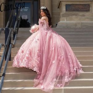 Pink Crystal Beading Appliques Ball Jurk Quinceanera -jurken met cape van de schouder 3d bloemen korset Vestidos de 15 anos
