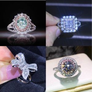 Anillo de circón de cristal rosa para mujer, topacio verde con incrustaciones, anillos bonitos grandes, Color para boda, joyería de moda, puede mezclar estilos