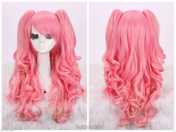 Perruque de cheveux de fête de Cosplay d'anime de tresses de queue de cheval longues ondulées bouclées roses