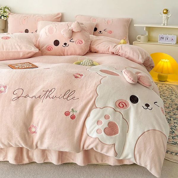 Rose mignon dessin animé lapin Applique broderie ensemble de literie velours polaire housse de couette drap de lit jupe taies d'oreiller 240112