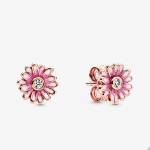 Pink Daisy Flower Stud Pendientes para Pandora 18K Rose Gold Party Diseñador de joyas Juego de aretes para mujeres niñas 100% 925 Pendiente de plata con caja original al por mayor