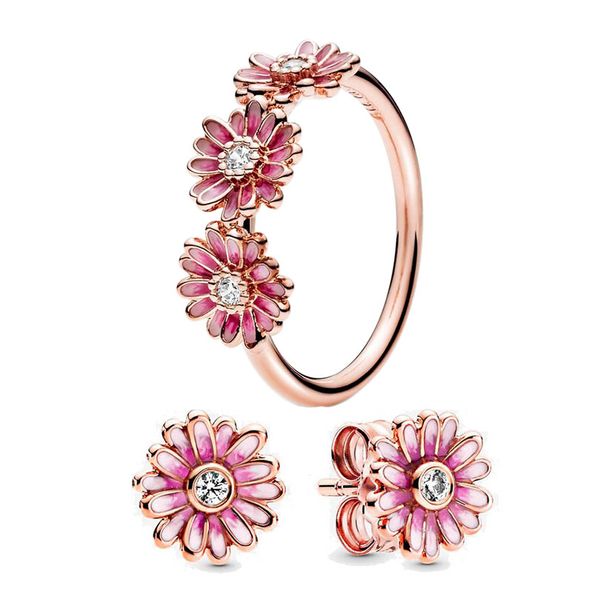 Pink Daisy Flower Trio Ring Stud Pendientes Set para Pandora 18K Rose Gold diseñador Anillos para mujeres niñas Crystal Diamond Luxury Jewelry set pendientes con caja original