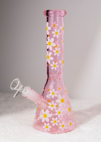 Pink Daisy Glass Bong Beaker Fumar Hookah Water Pipe Bubbler Percolador Bongs con Downstem 14mm Male Tobacco Bowl