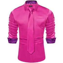 Roze Designer Stretch Satijnen Shirts voor Mannen Paisley Splicing Contrasterende Kleuren Herenkleding Lange Mouw Heren Sociale Shirts 240301