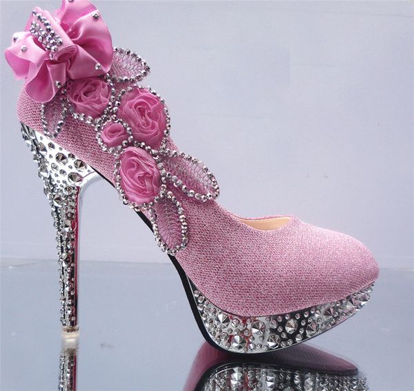 Chaussures de mariage à fleurs en diamant rose, escarpins à fleurs, chaussures de mariée à talons hauts 8cm 10cm 11cm, chaussures de bal pour dames