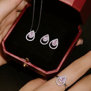 roze diamant luxe wo designer sieraden set voor vrouw ovale ketting oorbel ring 925 sterling zilver dames 5A zirkonia verlovingsringen oorbellen geschenkdoos 3 stks/set