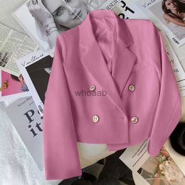 Blazer corto rosa con doble botonadura para mujer, moda coreana, Color sólido, traje de manga larga, abrigo, Chaqueta corta elegante para mujer de oficina 3xl HKD230825