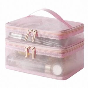 Sac cosmétique à double couche rose Femmes Portable Maquillage Case grande capacité Travel Makinp Makeup Organizer Boîte de rangement de toilette R3HW #