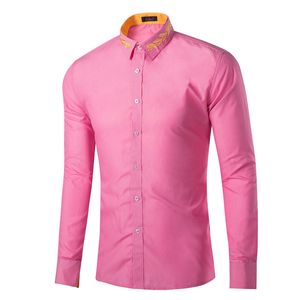Robe rose chemise hommes coupe ajustée à manches longues décontracté chemises boutonnées hommes affaires bureau travail vêtements GD16