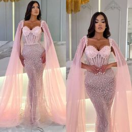 Robes roses soir sirène élégante avec cape chérie cristal perles fête bal de tapis rouge formel robe longue pour ocn spécial