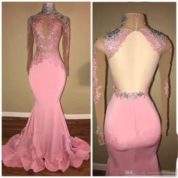 Roze jurken zeemeermin mantel 2020 avond formele sier pailletten kanten geappliqued prom party jurk illusie lijfje sexy terug lange mouwen