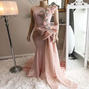 Roze Dubai Mermaid Avondjurk met Kant Grote Boog Bloem Parels Arabische Prom Jurken 2022 Engagement Dames Moslim Partyjurk Vestidos de Fiesta Robe Soirée