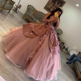 Vestidos de quinceañera polvorientos de color rosa Lentejuelas con cuentas Apliques de encaje Mangas largas Corsé Espalda Tul Personalizado Dulce Princesa Pageant Vestido de fiesta Vestidos