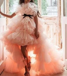 Rosa elegante bebé niña cumpleaños vestido mullido largo tren flor niña vestido para boda arco niños princesa vestido de bola vestidos exuberantes para niñas 2023