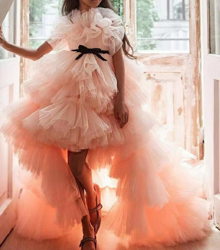 Vestito da compleanno per bambina elegante rosa Abito da ragazza di fiore lungo treno soffice per fiocco da sposa Abito da ballo principessa per bambini Abiti lussureggianti per ragazze 2023