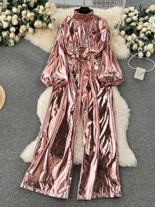 Roze Elegante Mode Losse Wijde Pijpen Rompertjes Oversized Herfst Vrouwen Goud Lange Mouw Hoge Taille Rits Geplooide Jumpsuits Casual 240112