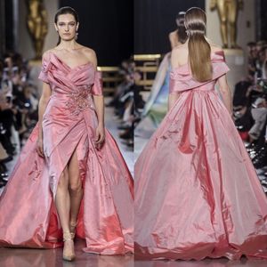 Roze Ellie Saab kralen overskirt prom jurken van de schouder een lijn geappliceerd formele jurk Taffeta side Split avondjurken