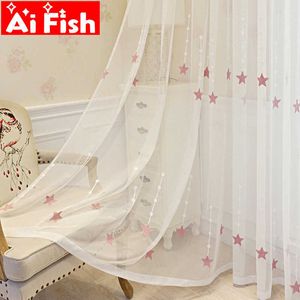 Rideau transparent d'étoile brodé rose pour les traitements de fenêtre de chambre à coucher d'enfants Mesh Tulle Rideau Rideaux de salon wp309 # 5 210712