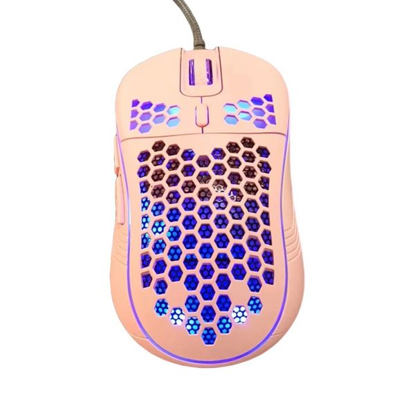 Pink Ergonomic Gaming Mouse RVB Light Honeycomb Design