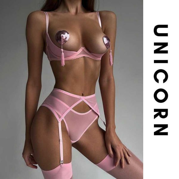 Pink Erotic Lingerie Open Bra Kit Push Up Sexy Sensual Ropa interior Love Hollow Crotchless Bragas Garter Intimate See Through Set 230717