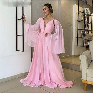 Robes de soirée roses mode col en v a-ligne longueur de plancher robes de soirée simples avec fermeture à glissière dos vestidos de fiesta de noche