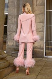 Vestidos de noche rosas para mujer, Blazer de manga larga con plumas, traje, chaqueta, pantalones, conjunto de vestido de graduación, trajes informales, hecho a medida253r