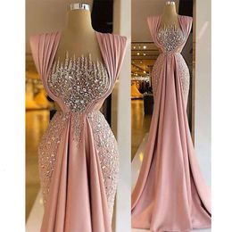 Pink Evenant Elegant Criss-Cross perle à plis pliné Longueur du sol Sirène Robe de bal de fête formelle de la mode