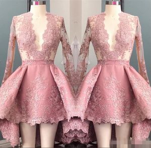 Roze mode high low prom jurken lange illusie mouwen kanten applique korte mini avondjurk plunging v nek afstuderen feestje slijtage